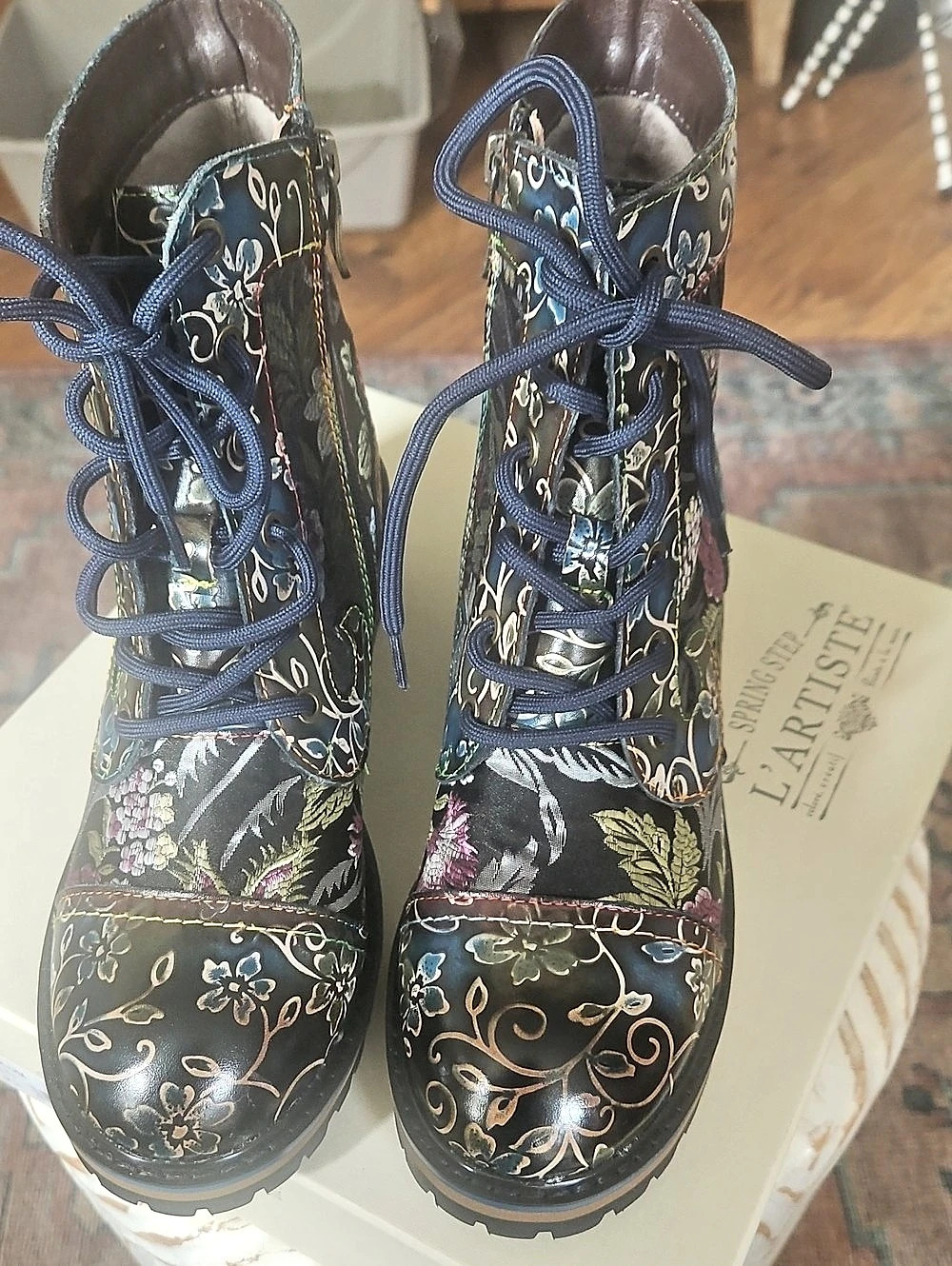 L'Artiste by Spring Step Fantastic Floral Lace-Up Ankle Boots Black & Blue